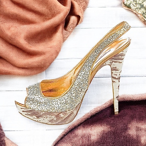 Miu Miu Embellished Silver Glitter Peep Toe Leather Slingback Shoes 8.5 - Picture 4 of 14